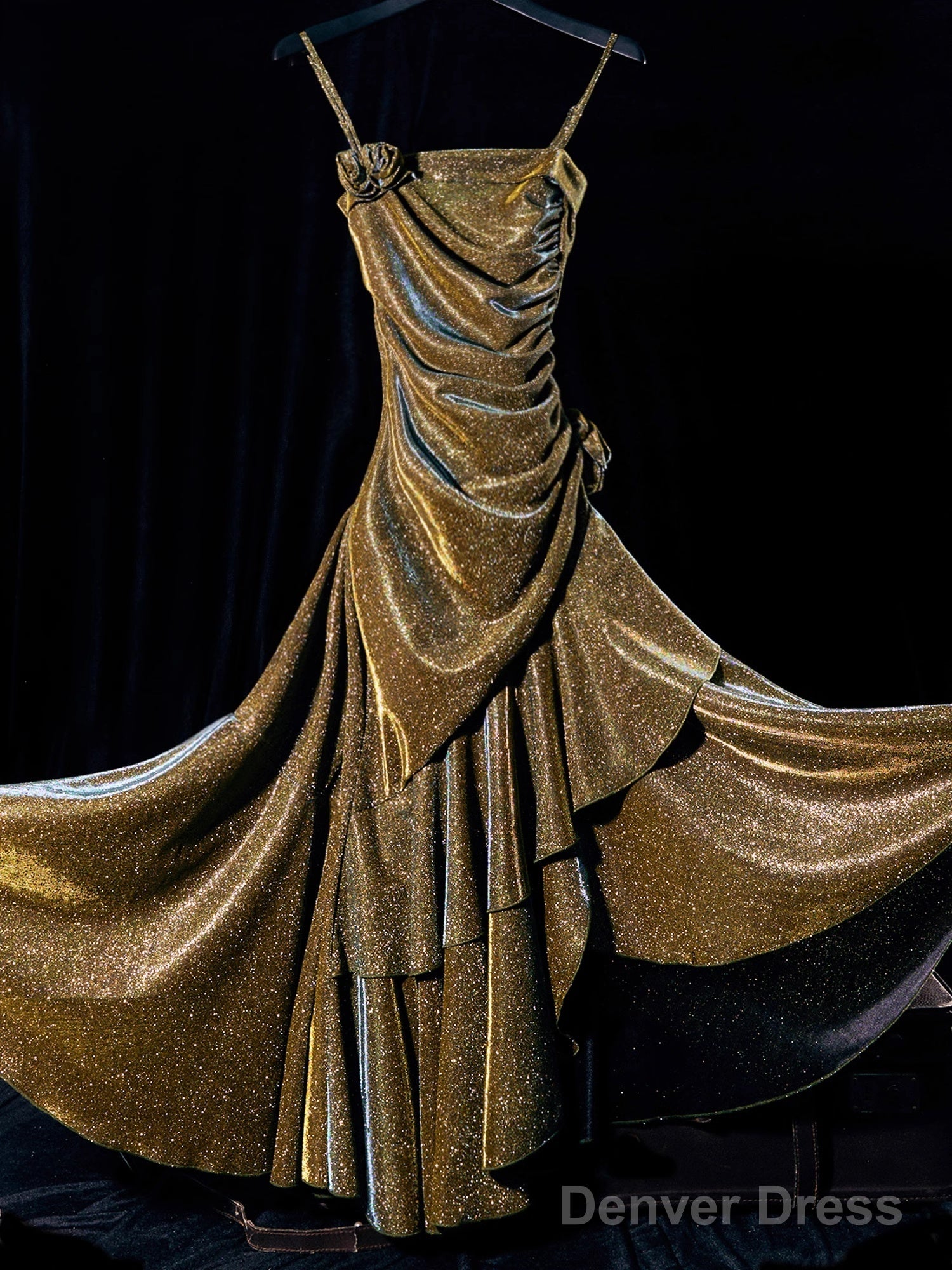 Vintage Mermaid Spaghetti Straps Long Gold Sequin Prom Dresses Birthday Outfits With Flowers Secondary image