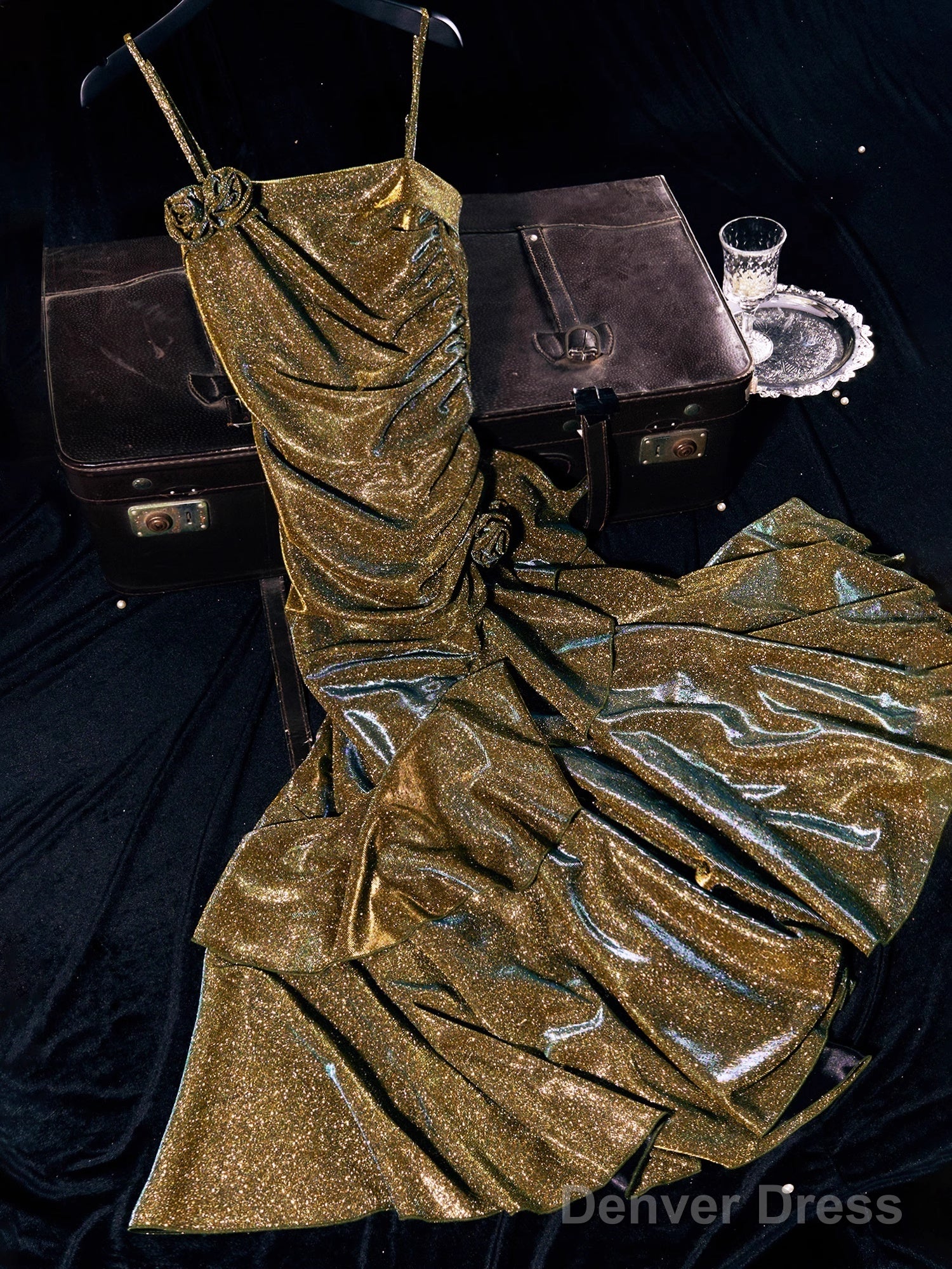 Vintage Mermaid Spaghetti Straps Long Gold Sequin Prom Dresses Birthday Outfits With Flowers