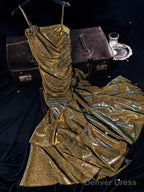 Vintage Mermaid Spaghetti Straps Long Gold Sequin Prom Dresses Birthday Outfits With Flowers
