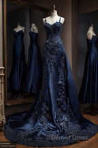 Vintage Mermaid Spaghetti Straps Navy Blue Satin Long Prom Dress