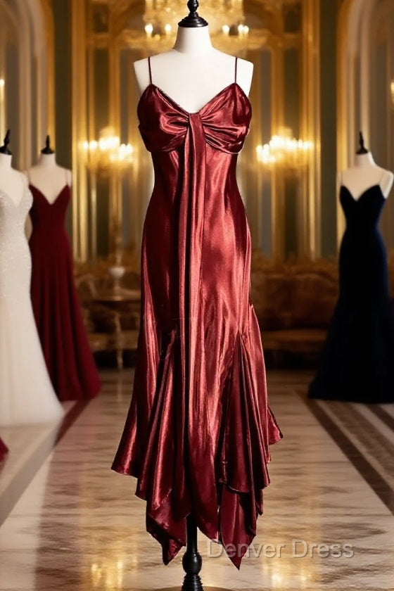 Vintage Mermaid Spaghetti Straps Satin Burgundy Prom Gowns Fairy Prom Dresses Main image