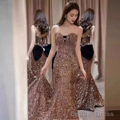 Vintage Mermaid Strapless Party Dresses Long Sequin Prom Dresses