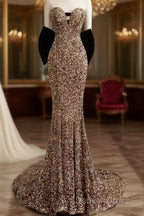 Vintage Mermaid Strapless Party Dresses Long Sequin Prom Dresses