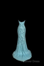 Vintage Mermaid Strapless Tulle Blue Beads Long Prom Gown Fairy Prom Dresses