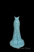 Vintage Mermaid Strapless Tulle Blue Beads Long Prom Gowns Fairy Prom Dresses