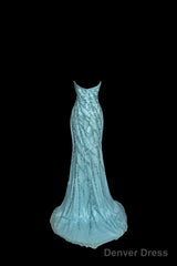 Vintage Mermaid Strapless Tulle Blue Beads Long Prom Gown Fairy Prom Dresses