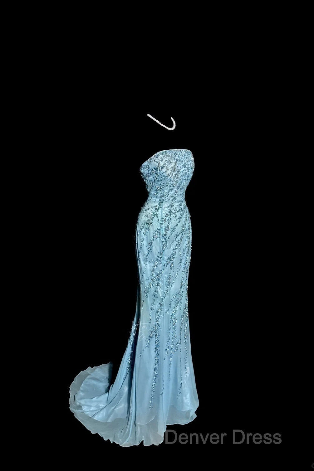 Vintage Mermaid Strapless Tulle Blue Beads Long Prom Gown Fairy Prom Dresses