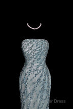 Vintage Mermaid Strapless Tulle Blue Beads Long Prom Gown Fairy Prom Dresses