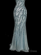 Vintage Mermaid Strapless Tulle Blue Beads Long Prom Gown Fairy Prom Dresses