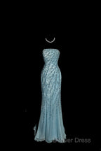 Vintage Mermaid Strapless Tulle Blue Beads Long Prom Gown Fairy Prom Dresses