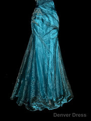 Vintage Mermaid Strapless Tulle Blue Long Prom Gown Fairy Prom Dresses
