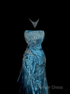 Vintage Mermaid Strapless Tulle Blue Long Prom Gowns Fairy Prom Dresses