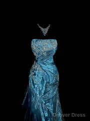 Vintage Mermaid Strapless Tulle Blue Long Prom Gown Fairy Prom Dresses