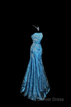 Vintage Mermaid Strapless Tulle Blue Long Prom Gowns Fairy Prom Dresses