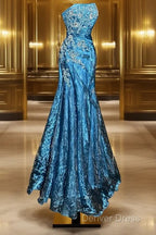 Vintage Mermaid Strapless Tulle Blue Long Prom Gowns Fairy Prom Dresses