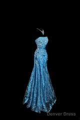 Vintage Mermaid Strapless Tulle Blue Long Prom Gown Fairy Prom Dresses