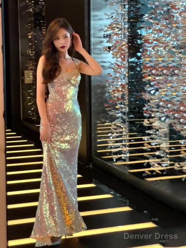 Vintage Mermaid Straps Sequin Backless Long Birthday Dress Prom Dresses Main image