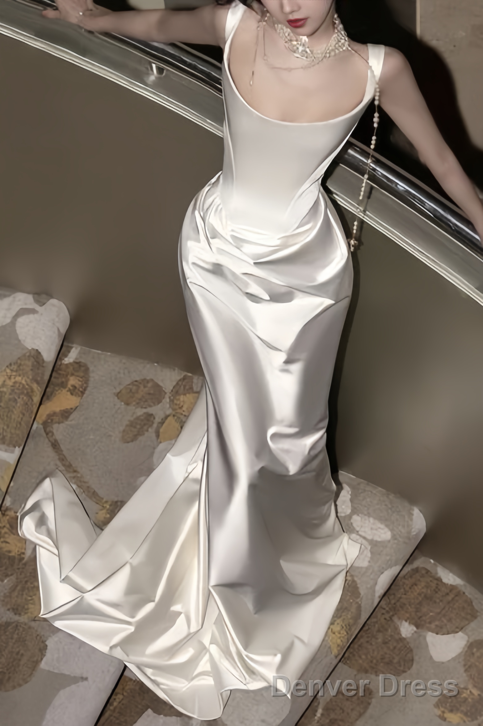 Vintage Mermaid Straps Sleeveless Satin Ivory Wedding Dress Main image