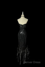 Vintage Mermaid Sweetheart Black Sequin Long Prom Gowns Fairy Prom Dresses