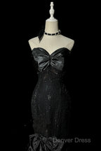 Vintage Mermaid Sweetheart Black Sequin Long Prom Gown Fairy Prom Dresses