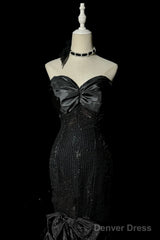 Vintage Mermaid Sweetheart Black Sequin Long Prom Gown Fairy Prom Dresses