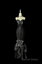 Vintage Mermaid Sweetheart Black Sequin Long Prom Gown Fairy Prom Dresses