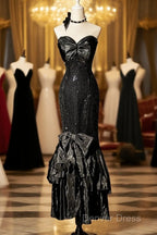 Vintage Mermaid Sweetheart Black Sequin Long Prom Gowns Fairy Prom Dresses