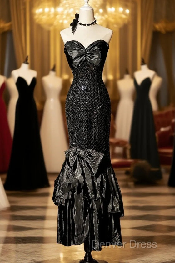 Vintage Mermaid Sweetheart Black Sequin Long Prom Gowns Fairy Prom Dresses