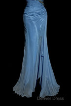 Vintage Mermaid Sweetheart Blue Chiffon Long Prom Gown Fairy Prom Dresses