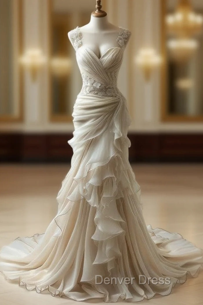 Vintage Mermaid Sweetheart Chiffon Lace Long Wedding Dresses