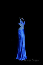 Vintage Mermaid Sweetheart Neckline Royal Blue Satin Backless Prom Gowns Fairy Prom Dresses