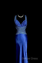 Vintage Mermaid Sweetheart Neckline Royal Blue Satin Backless Prom Gowns Fairy Prom Dresses