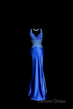 Vintage Mermaid Sweetheart Neckline Royal Blue Satin Backless Prom Gowns Fairy Prom Dresses