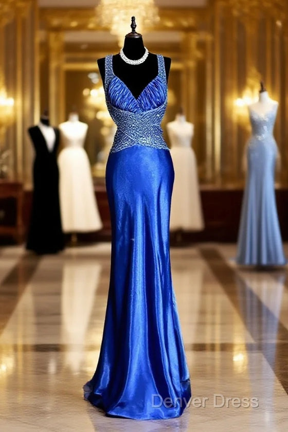 Vintage Mermaid Sweetheart Neckline Royal Blue Satin Backless Prom Gowns Fairy Prom Dresses Main image