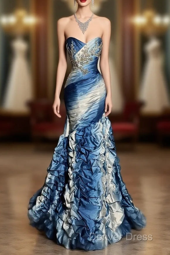 Vintage Mermaid Sweetheart Sleeveless Long Blue Prom Gown Fairy Prom Dresses