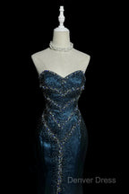 Vintage Mermaid Sweetheart Sleeveless Long Blue Slit Prom Gowns Fairy Prom Dresses