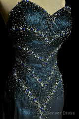 Vintage Mermaid Sweetheart Sleeveless Long Blue Slit Prom Gown Fairy Prom Dresses