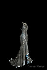 Vintage Mermaid V Neckline Gray Sequin Long Prom Gown Fairy Prom Dresses