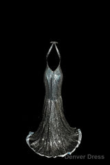 Vintage Mermaid V Neckline Gray Sequin Long Prom Gown Fairy Prom Dresses