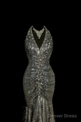 Vintage Mermaid V Neckline Gray Sequin Long Prom Gown Fairy Prom Dresses