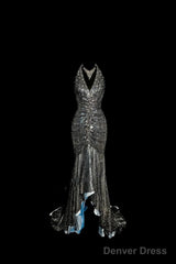 Vintage Mermaid V Neckline Gray Sequin Long Prom Gown Fairy Prom Dresses