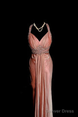 Vintage Mermaid V Neckline Pink Backless Long Prom Gown Fairy Prom Dresses