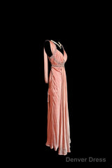 Vintage Mermaid V Neckline Pink Backless Long Prom Gown Fairy Prom Dresses