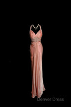 Vintage Mermaid V Neckline Pink Backless Long Prom Gowns Fairy Prom Dresses