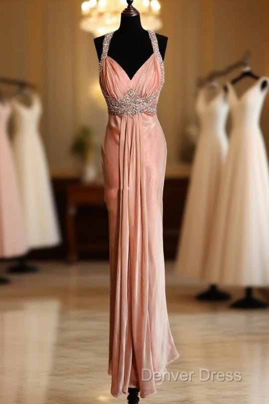 Vintage Mermaid V Neckline Pink Backless Long Prom Gown Fairy Prom Dresses
