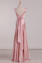 Vintage Mermaid V Neckline Pink Satin Long Prom Dresses Party Evening Dresses