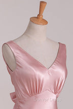 Vintage Mermaid V Neckline Pink Satin Long Prom Dresses Party Evening Dresses