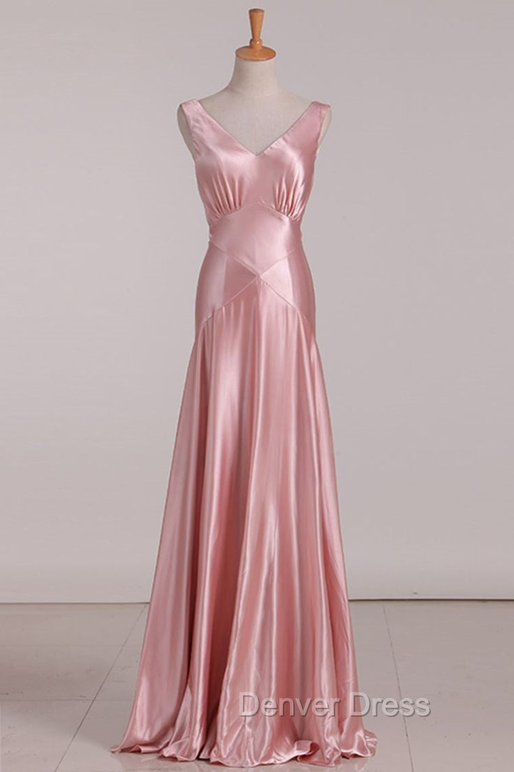 Vintage Mermaid V Neckline Pink Satin Long Prom Dresses Party Evening Dresses