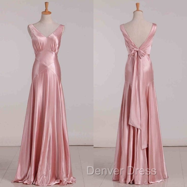 Vintage Mermaid V Neckline Pink Satin Long Prom Dresses Party Evening Dresses