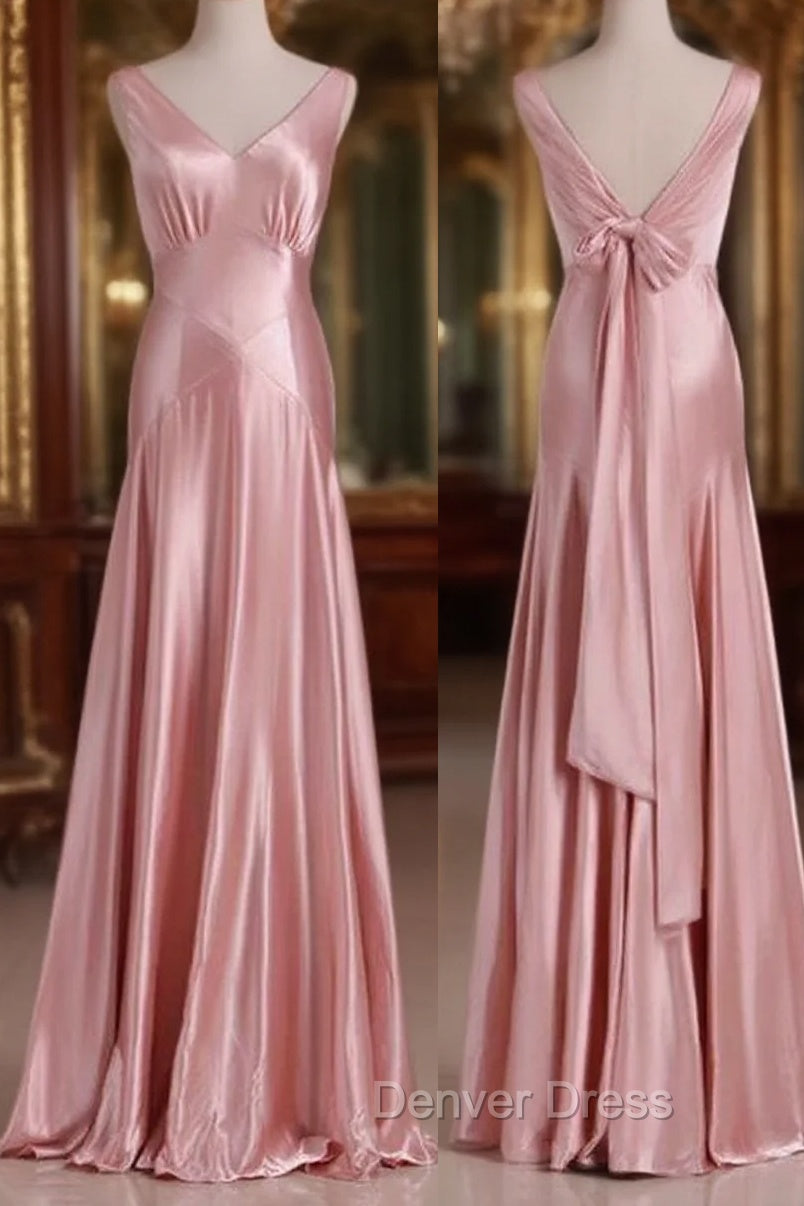 Vintage Mermaid V Neckline Pink Satin Long Prom Dresses Party Evening Dresses Main image